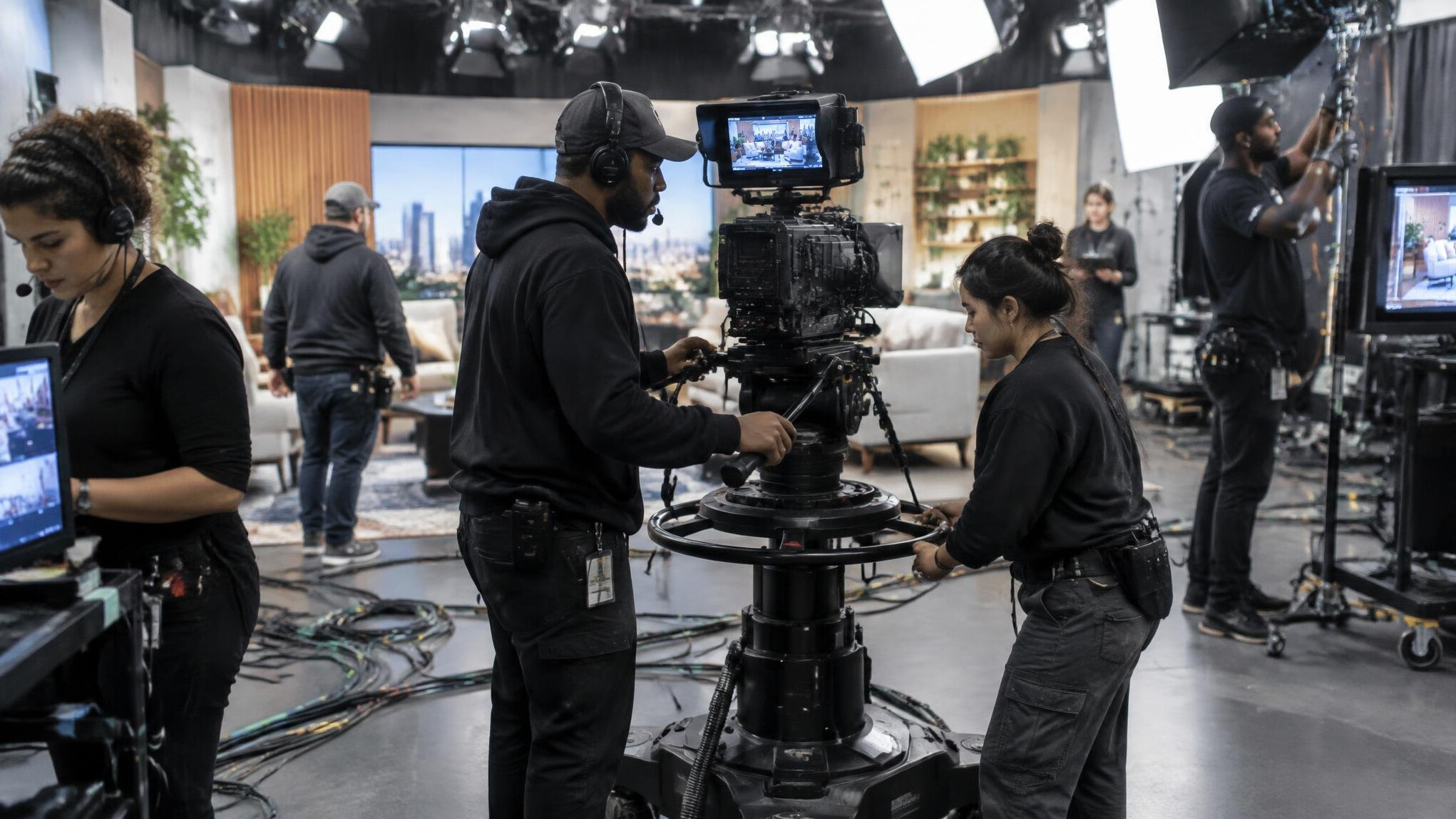 Camera crew working behind the scenes on a TV set