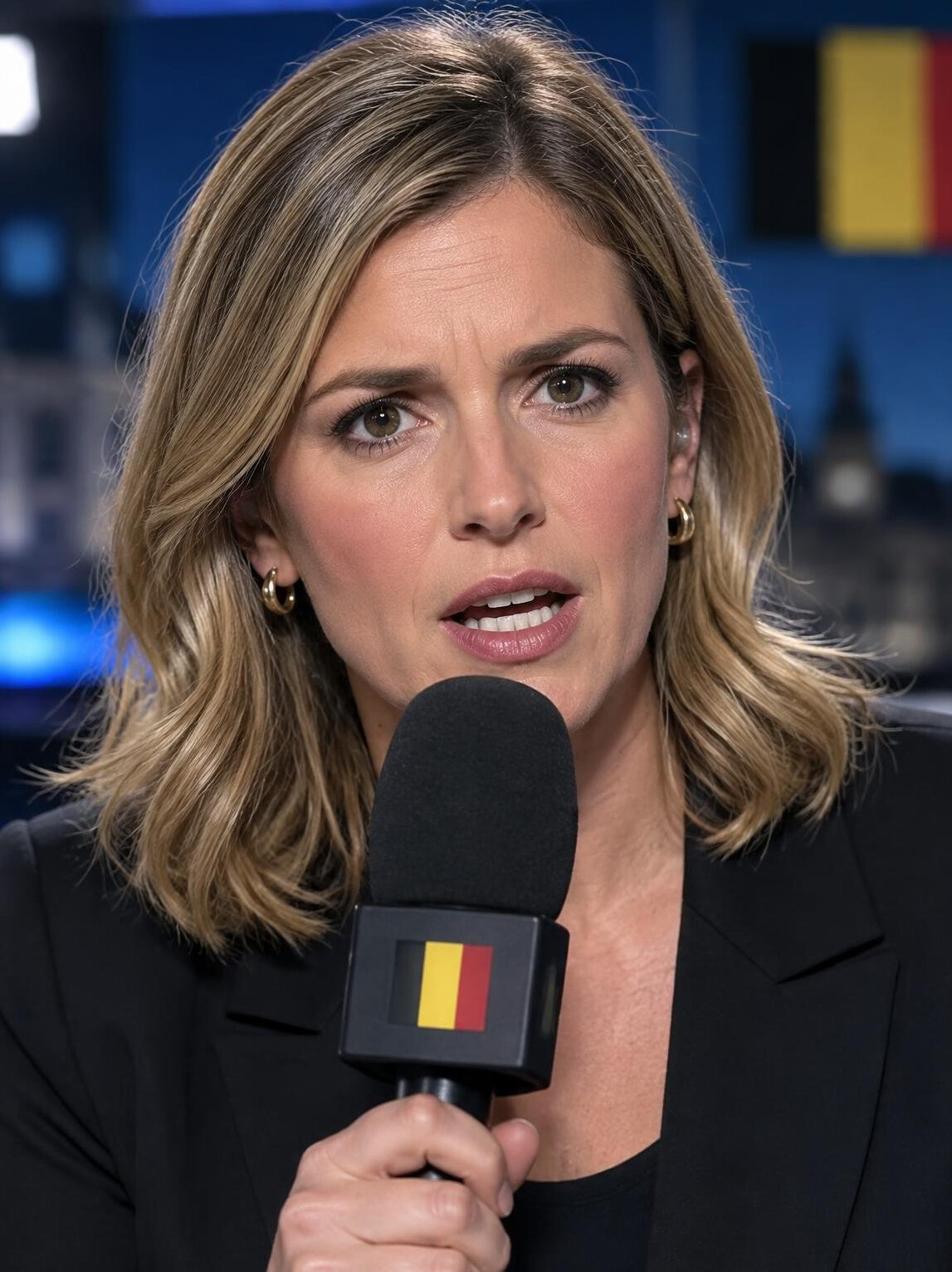 Woman speaking urgently into a microphone during a broadcast