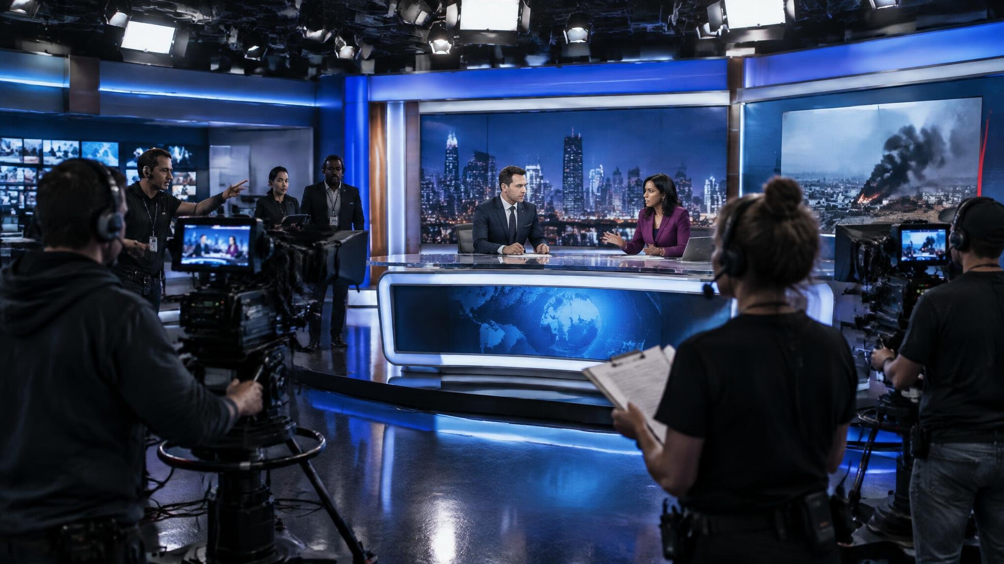 Tense moment in a television studio during a live broadcast